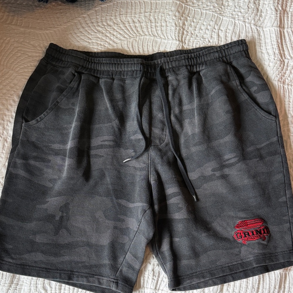 Men's Black Gray Camo Athletic Drawstring Shorts with Red Logo